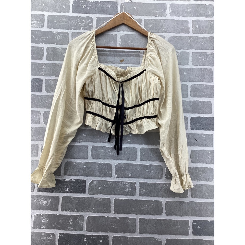 Thirty Thirty LA Cream Cottagecore Crop Top Velvet Ribbon Trim Smocked Blouse S